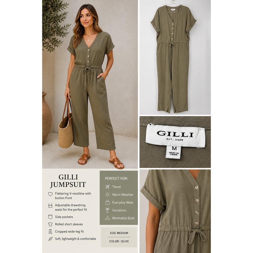Gilli Womens Taupe Olive Button Front Drawstring Waist Short Sleeve Jumpsuit M